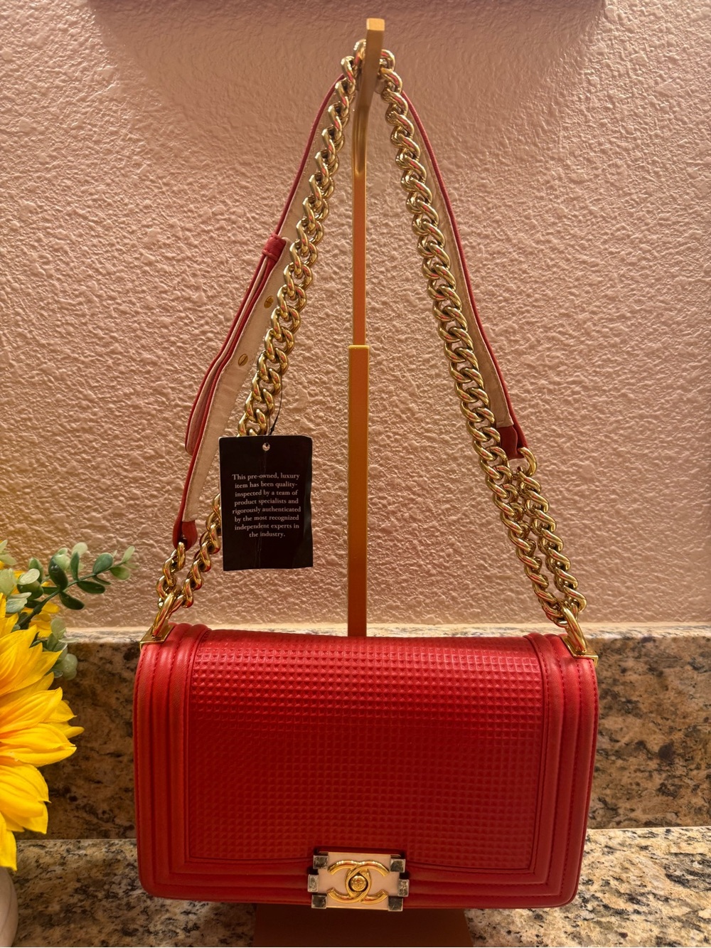Authentic Chanel!! 2014 le boy Luxury Red Quilted Chain Shoulder Bag.